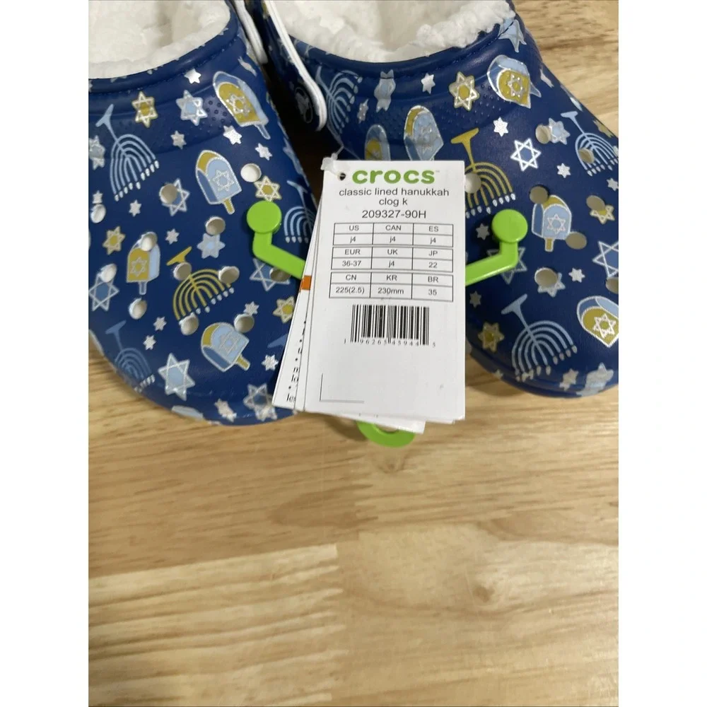 New Big Kids Crocs Classic Lined Blue Hanukkah Clogs Shoes Sandals Size 4 Y